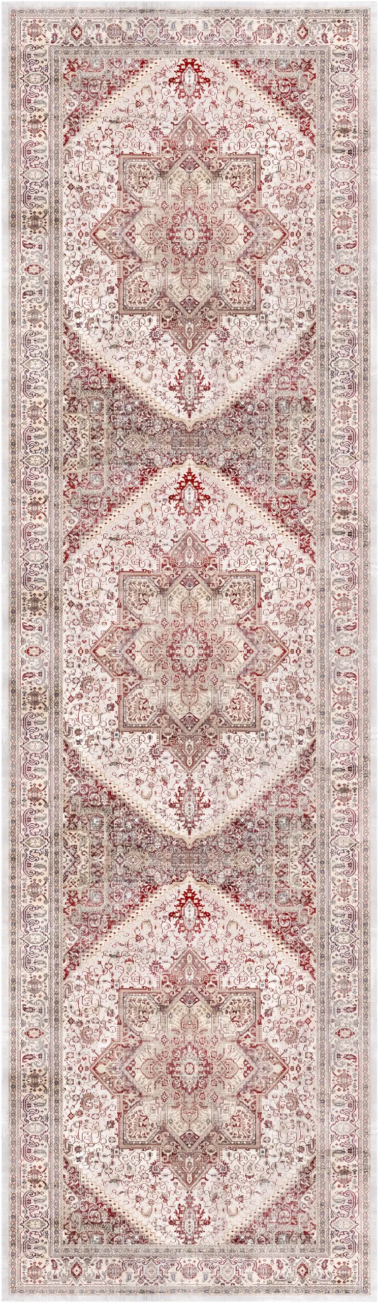 8' Ivory and Red Floral Medallion Distressed Non Skid Runner Rug
