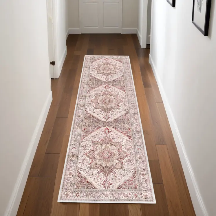8' Ivory and Red Floral Medallion Distressed Non Skid Runner Rug