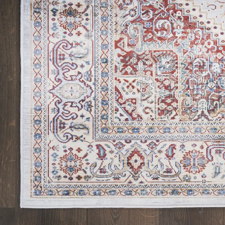8' Ivory and Red Floral Medallion Distressed Non Skid Runner Rug