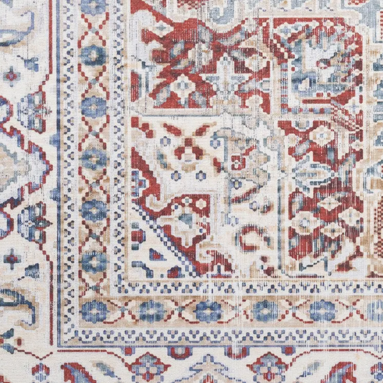 8' Ivory and Red Floral Medallion Distressed Non Skid Runner Rug
