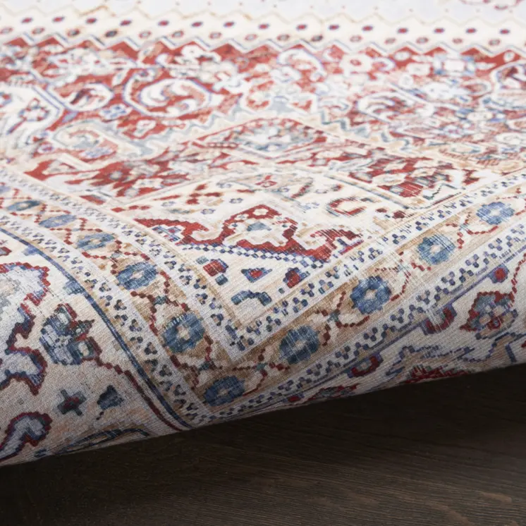 8' Ivory and Red Floral Medallion Distressed Non Skid Runner Rug