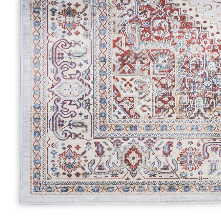 8' Ivory and Red Floral Medallion Distressed Non Skid Runner Rug