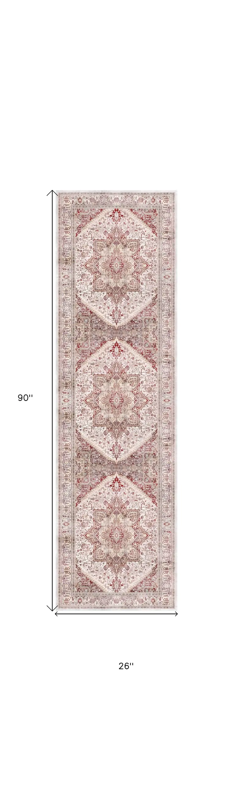 8' Ivory and Red Floral Medallion Distressed Non Skid Runner Rug