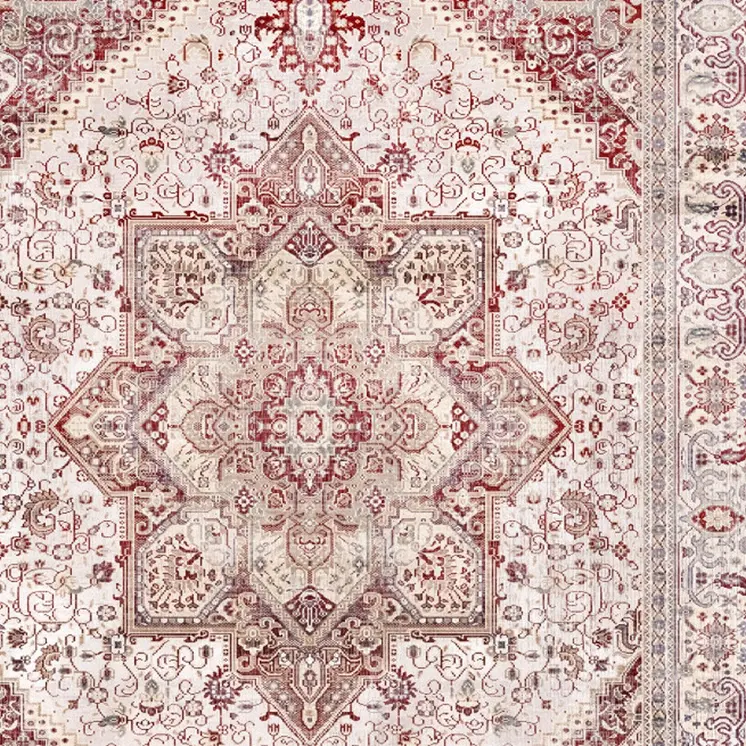 8' Ivory and Red Floral Medallion Distressed Non Skid Runner Rug
