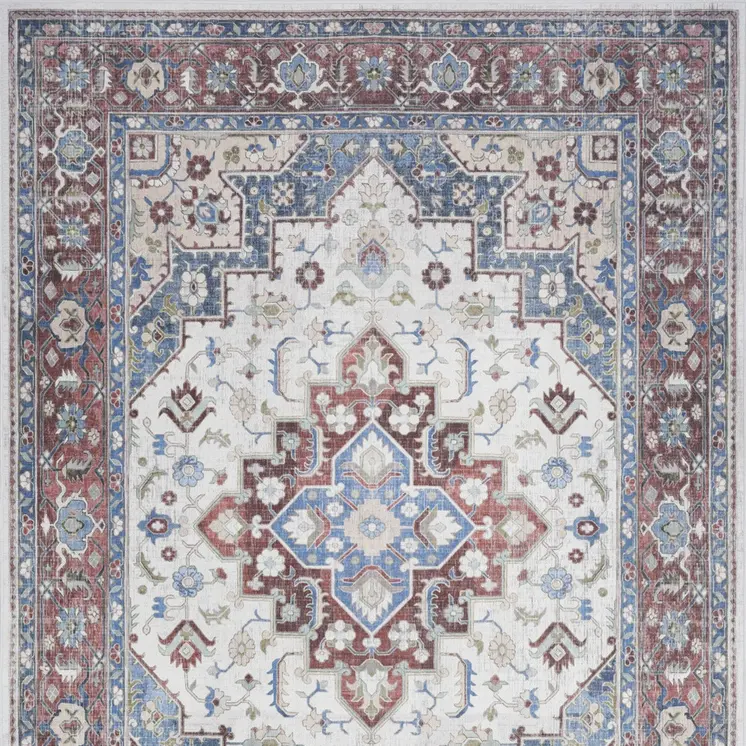 5' X 7' Ivory Red and Blue Medallion Distressed Non Skid Area Rug
