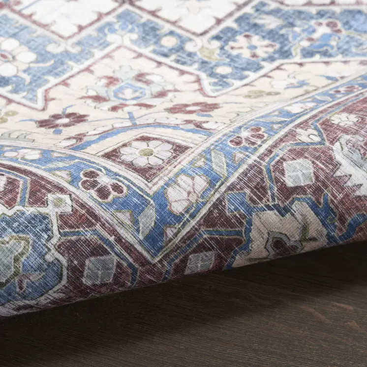 5' X 7' Ivory Red and Blue Medallion Distressed Non Skid Area Rug