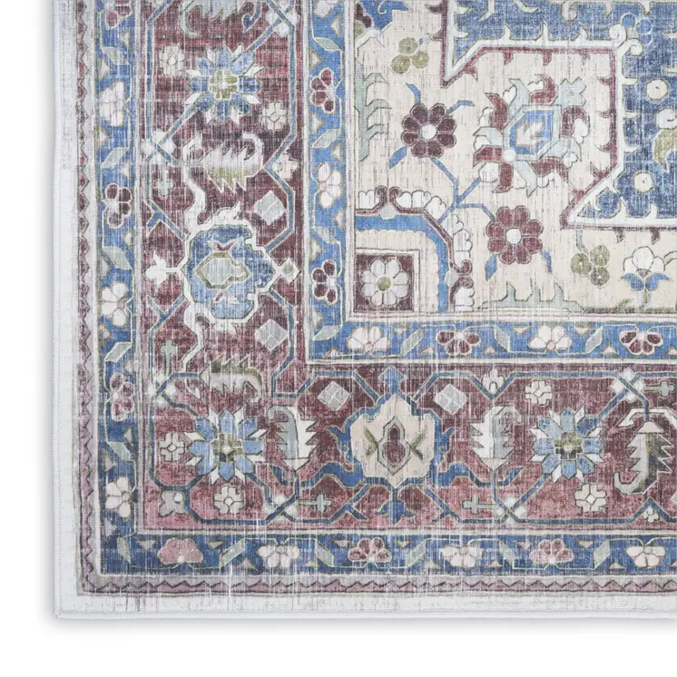 5' X 7' Ivory Red and Blue Medallion Distressed Non Skid Area Rug