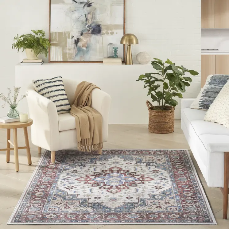 5' X 7' Ivory Red and Blue Medallion Distressed Non Skid Area Rug