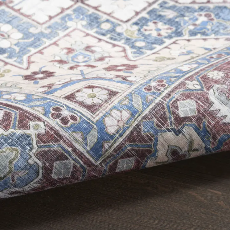 5' X 7' Ivory Red and Blue Medallion Distressed Non Skid Area Rug