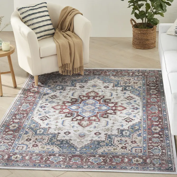 5' X 7' Ivory Red and Blue Medallion Distressed Non Skid Area Rug