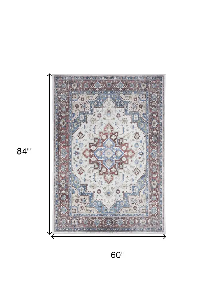 5' X 7' Ivory Red and Blue Medallion Distressed Non Skid Area Rug