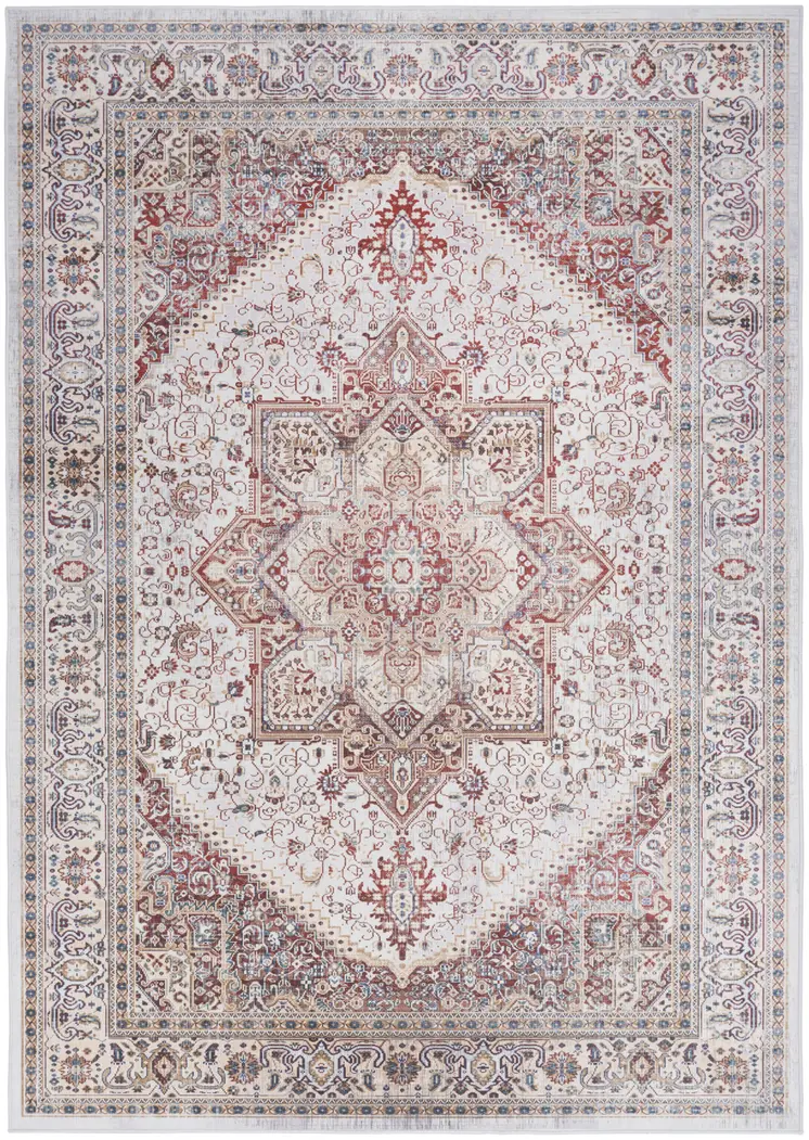 5' X 7' Red and Ivory Floral Medallion Distressed Non Skid Area Rug