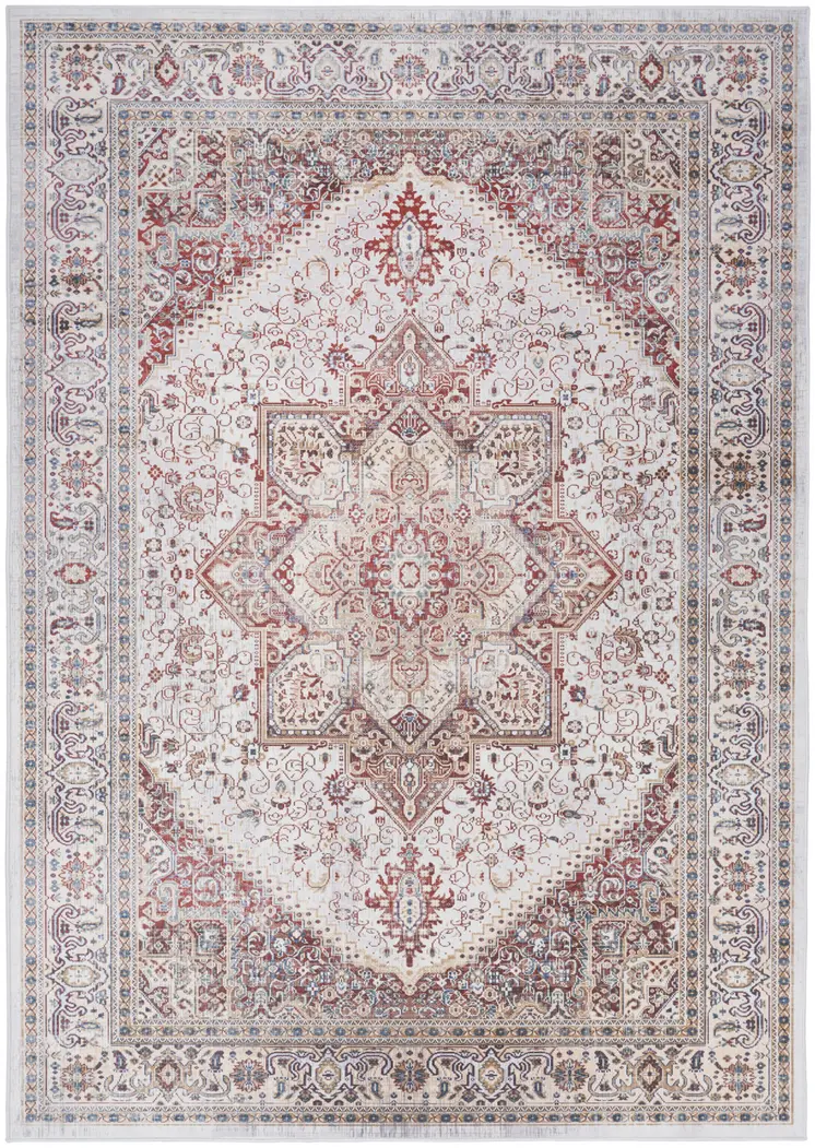 5' X 7' Red and Ivory Floral Medallion Distressed Non Skid Area Rug