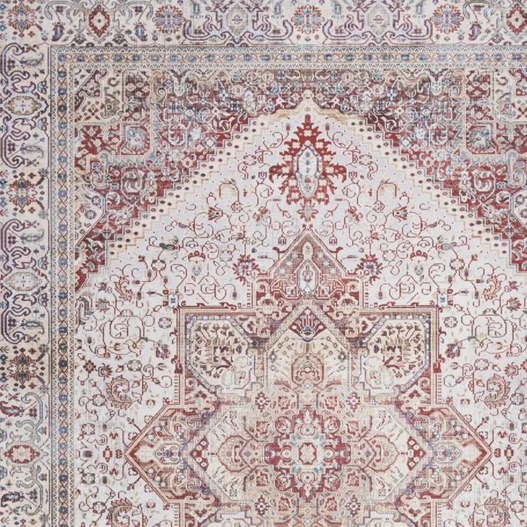 5' X 7' Red and Ivory Floral Medallion Distressed Non Skid Area Rug