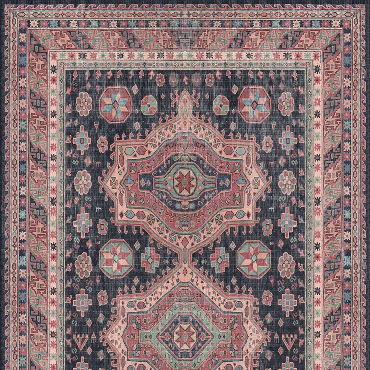 8' Navy Blue and Red Medallion Distressed Non Skid Runner Rug