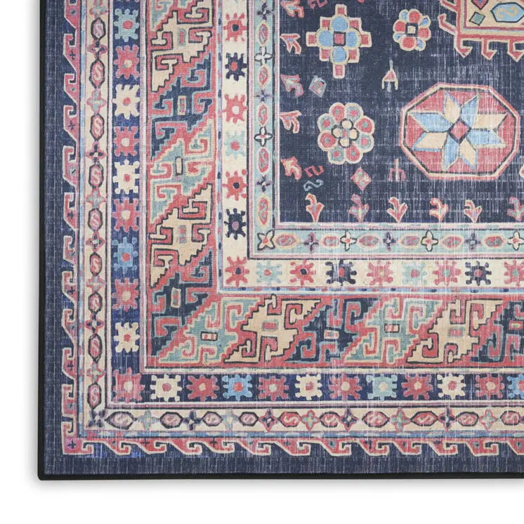 8' Navy Blue and Red Medallion Distressed Non Skid Runner Rug