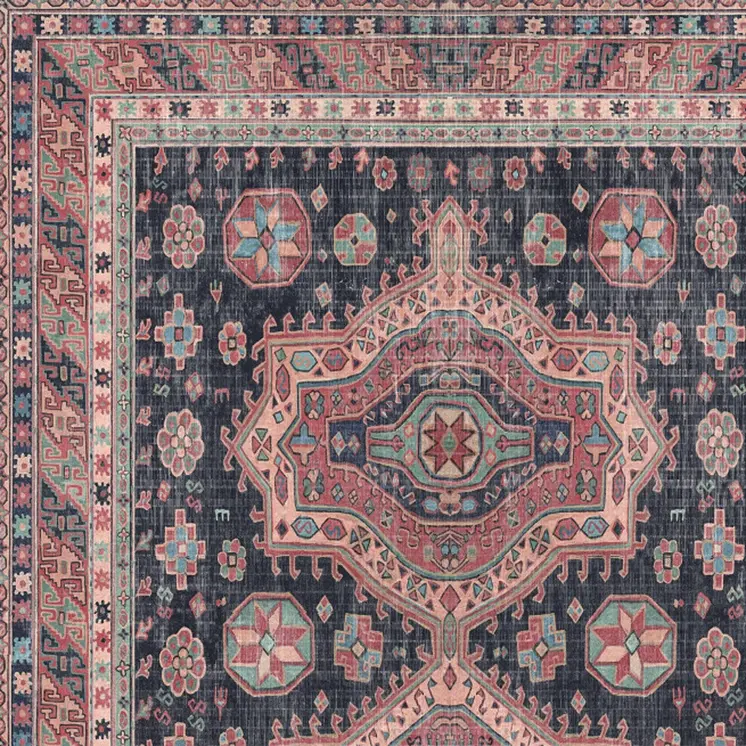 8' Navy Blue and Red Medallion Distressed Non Skid Runner Rug