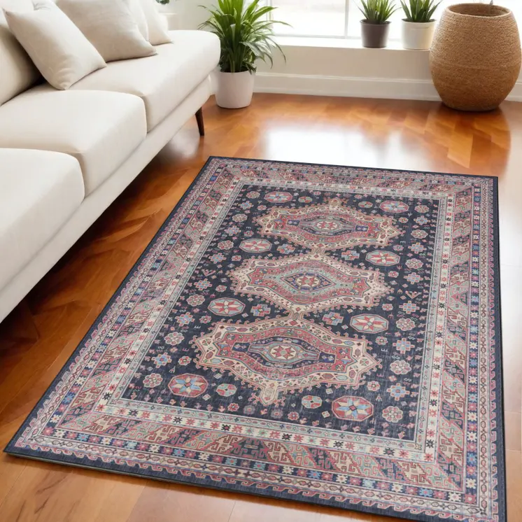5' X 7' Navy Blue and Red Medallion Distressed Non Skid Area Rug