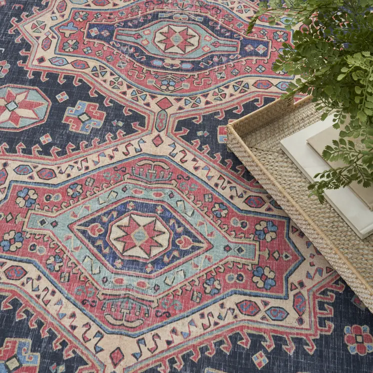 5' X 7' Navy Blue and Red Medallion Distressed Non Skid Area Rug