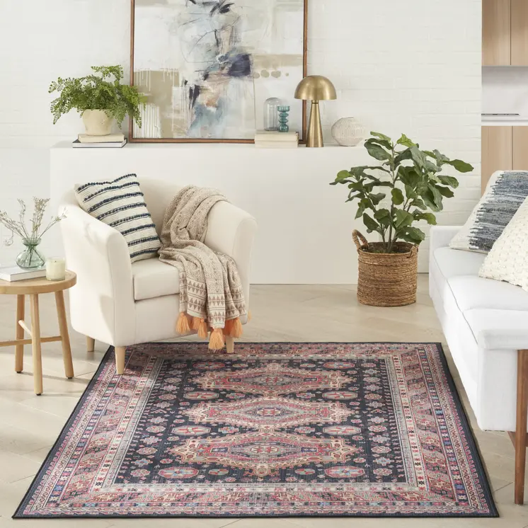 5' X 7' Navy Blue and Red Medallion Distressed Non Skid Area Rug