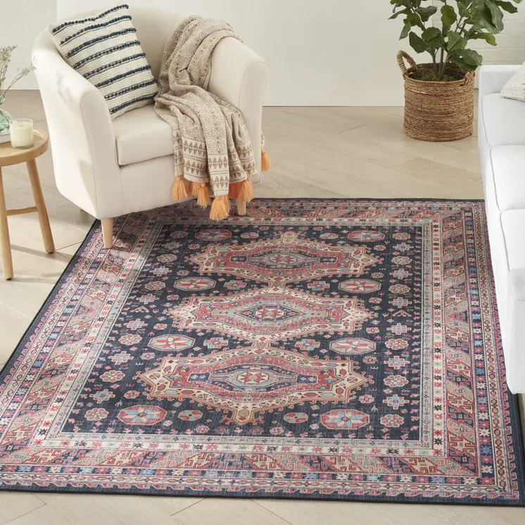 5' X 7' Navy Blue and Red Medallion Distressed Non Skid Area Rug