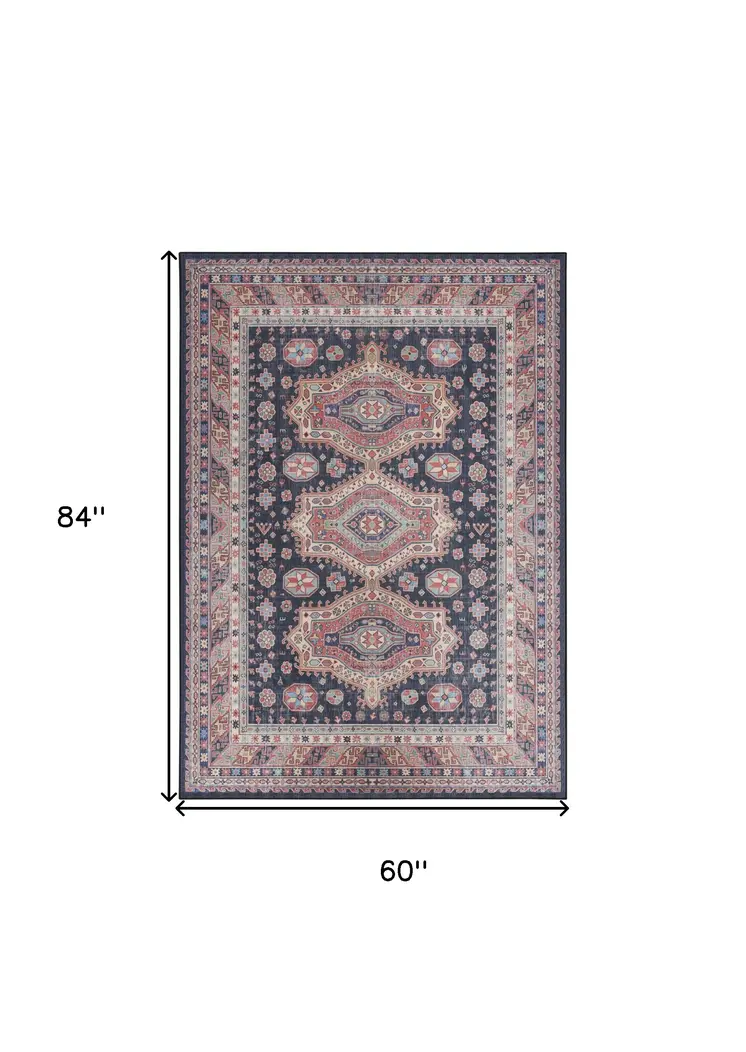 5' X 7' Navy Blue and Red Medallion Distressed Non Skid Area Rug