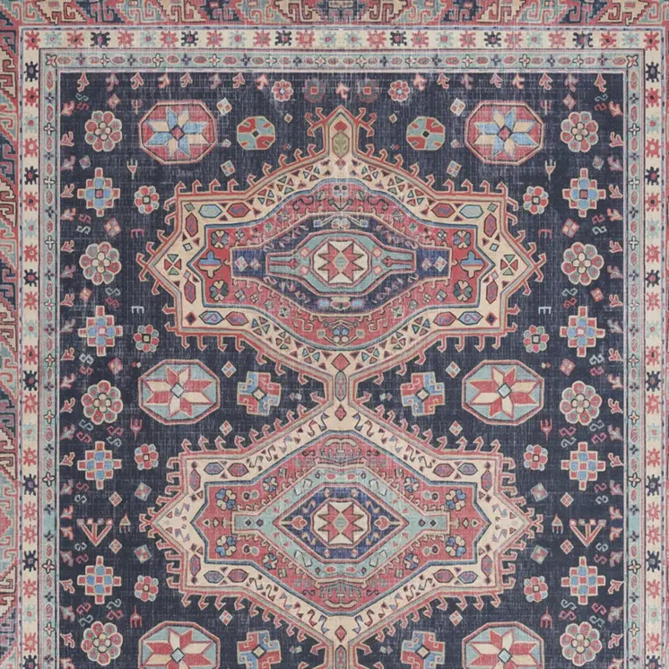 5' X 7' Navy Blue and Red Medallion Distressed Non Skid Area Rug