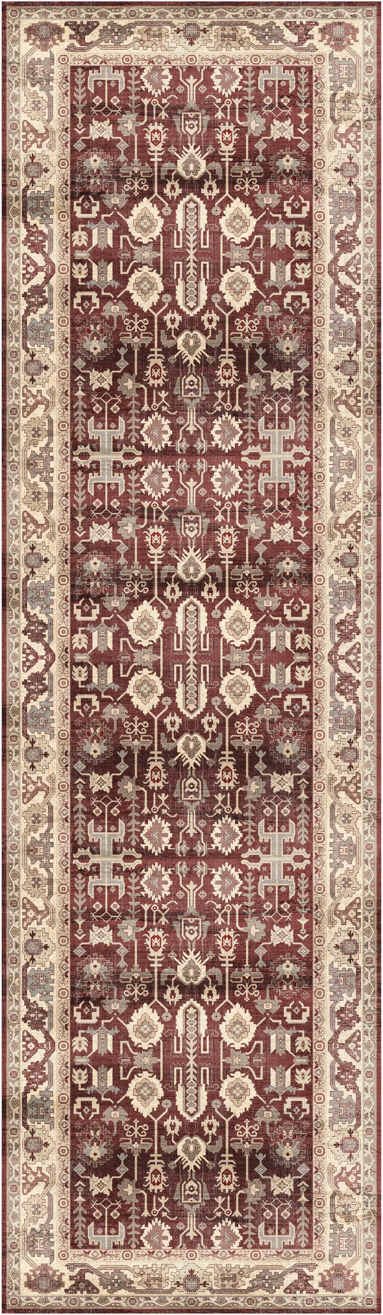 8' Red and Ivory Oriental Distressed Non Skid Runner Rug