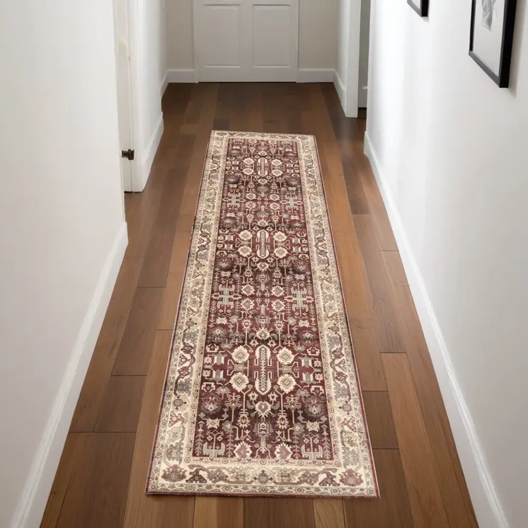 8' Red and Ivory Oriental Distressed Non Skid Runner Rug