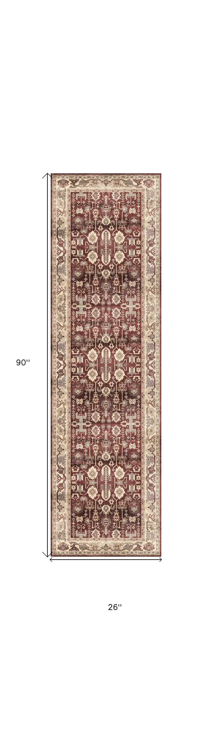 8' Red and Ivory Oriental Distressed Non Skid Runner Rug