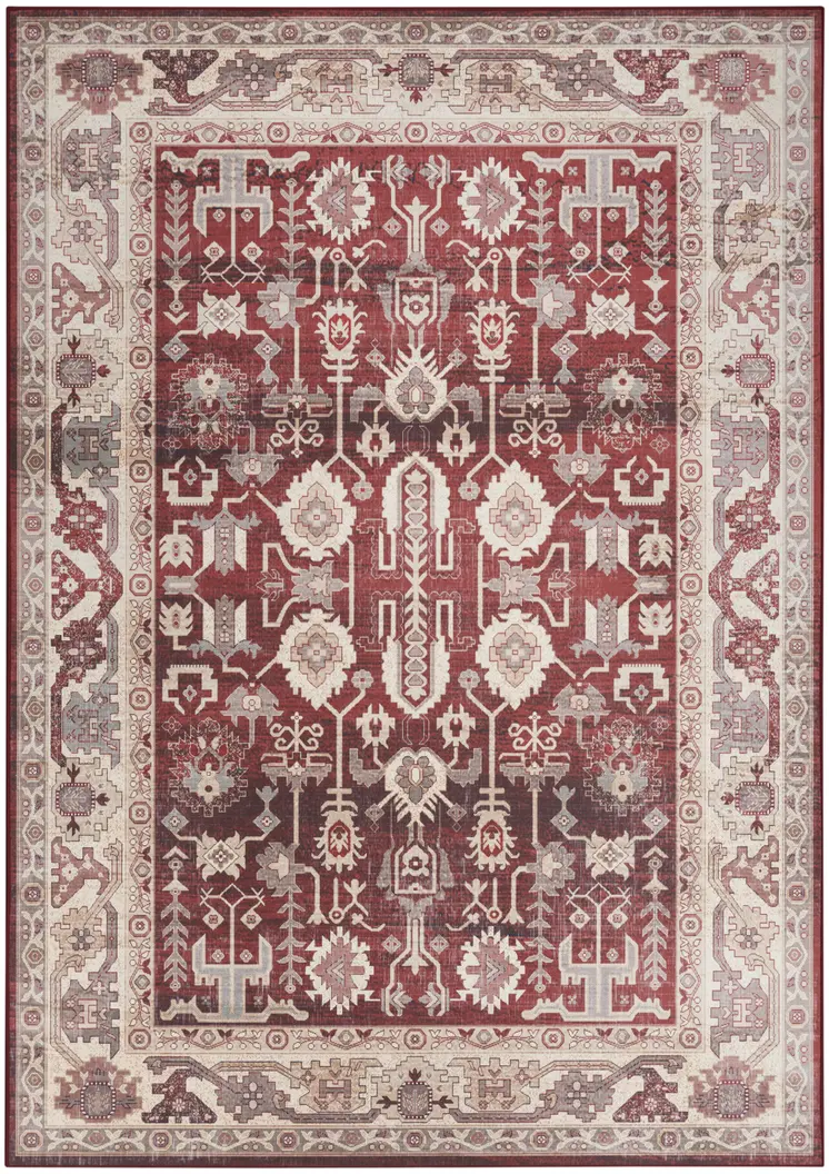 5' X 7' Red and Ivory Oriental Distressed Non Skid Area Rug
