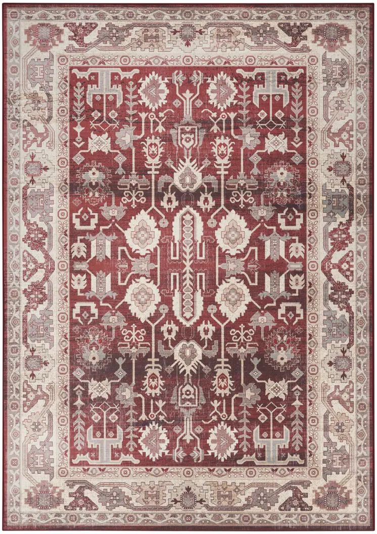 5' X 7' Red and Ivory Oriental Distressed Non Skid Area Rug