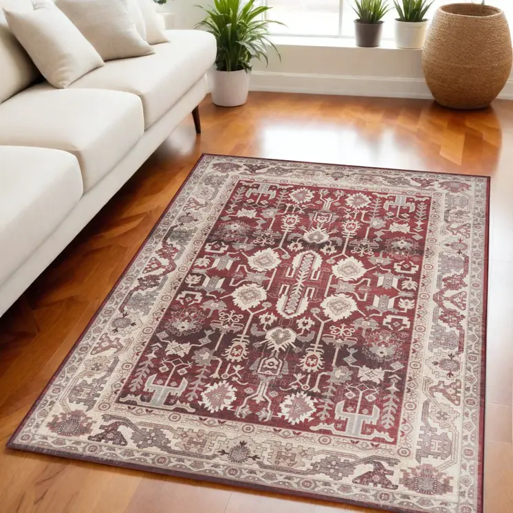 5' X 7' Red and Ivory Oriental Distressed Non Skid Area Rug