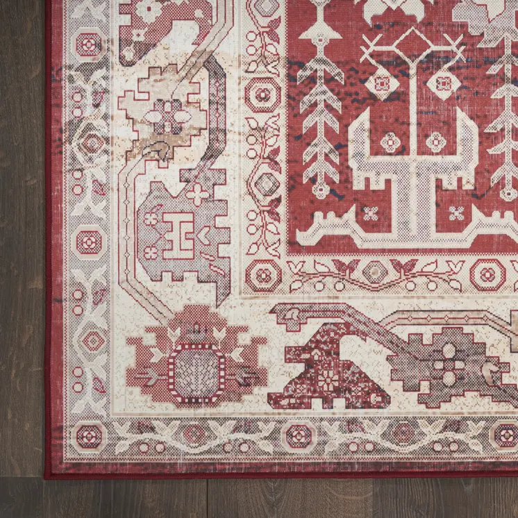 5' X 7' Red and Ivory Oriental Distressed Non Skid Area Rug