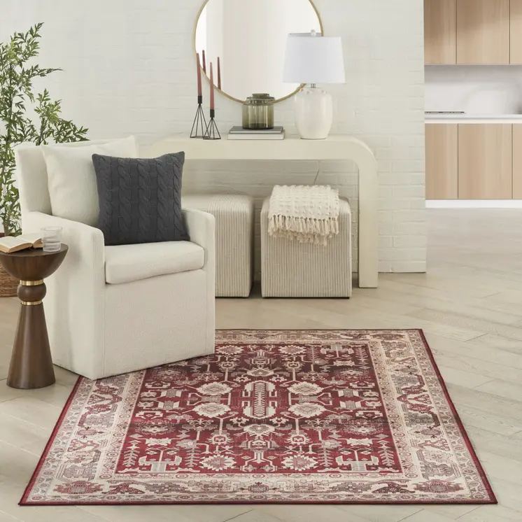 5' X 7' Red and Ivory Oriental Distressed Non Skid Area Rug