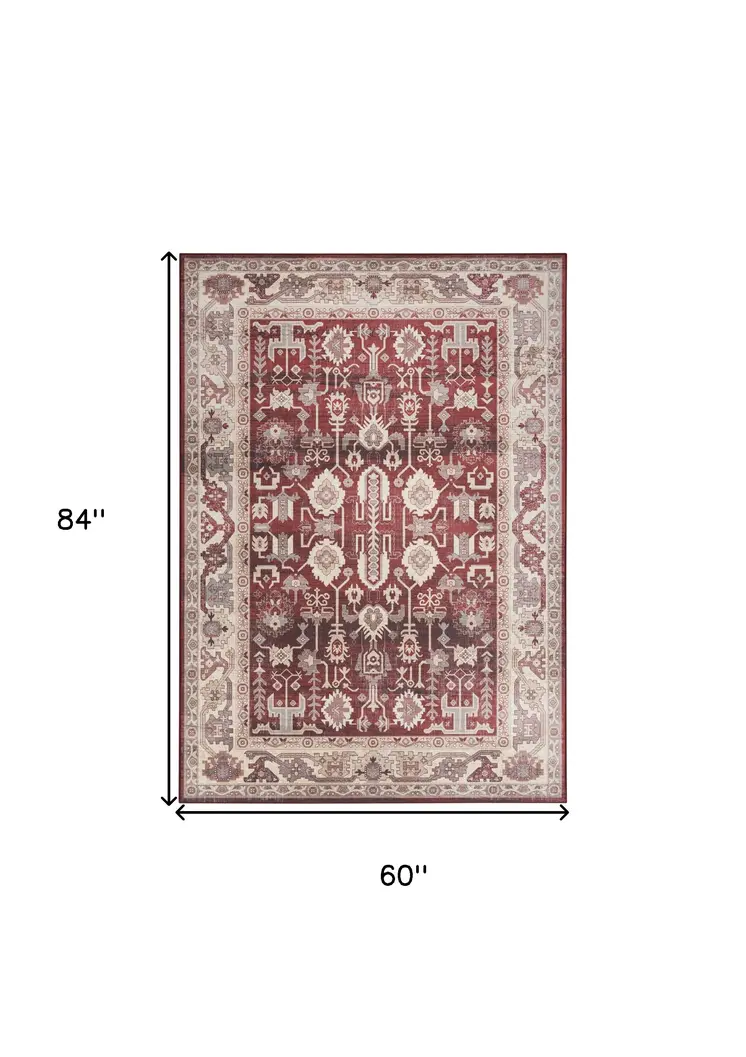5' X 7' Red and Ivory Oriental Distressed Non Skid Area Rug