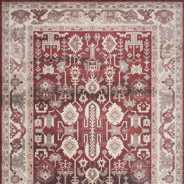 5' X 7' Red and Ivory Oriental Distressed Non Skid Area Rug