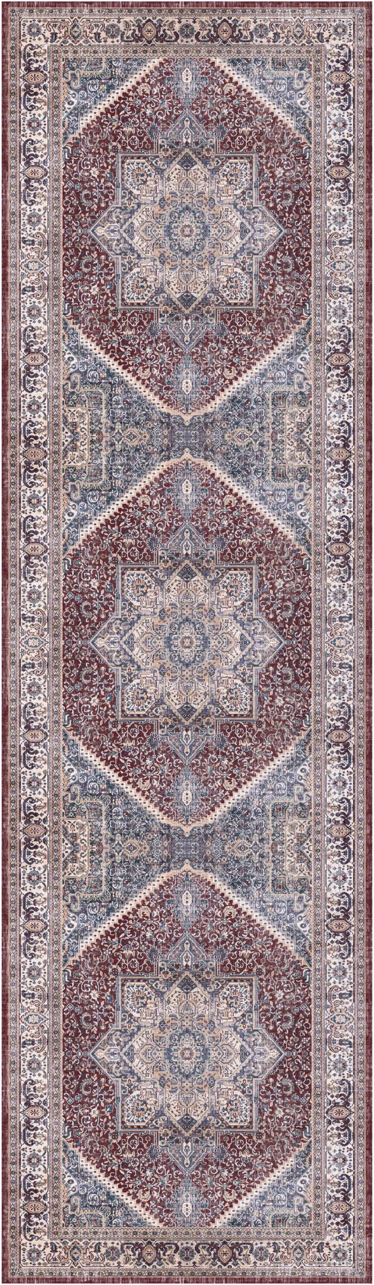 8' Blue and Red Floral Medallion Distressed Non Skid Runner Rug