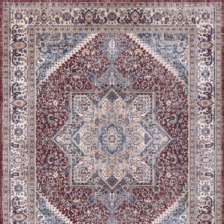 8' Blue and Red Floral Medallion Distressed Non Skid Runner Rug