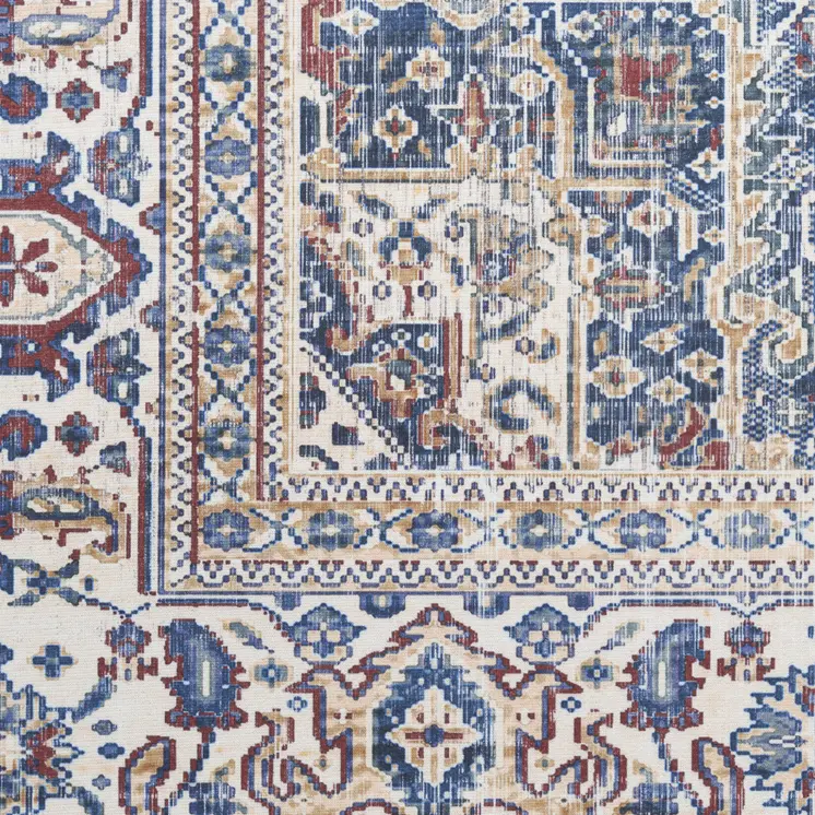 8' Blue and Red Floral Medallion Distressed Non Skid Runner Rug