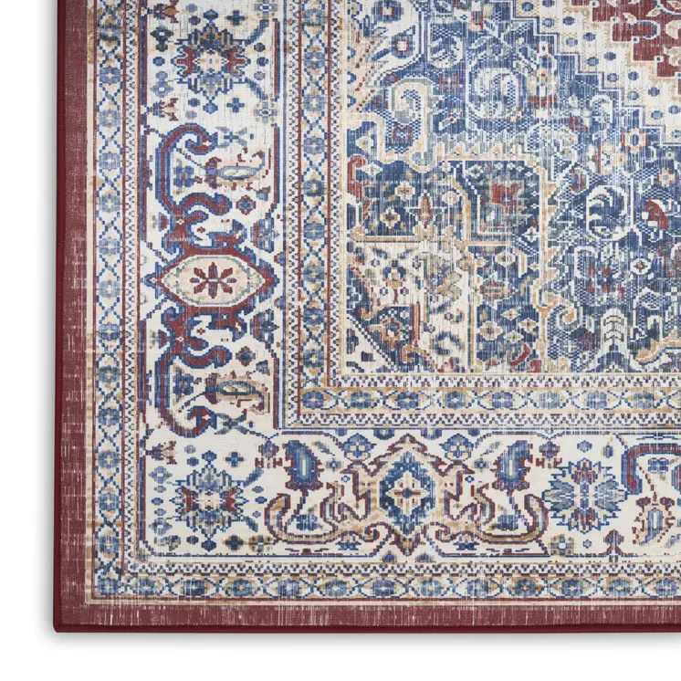 8' Blue and Red Floral Medallion Distressed Non Skid Runner Rug