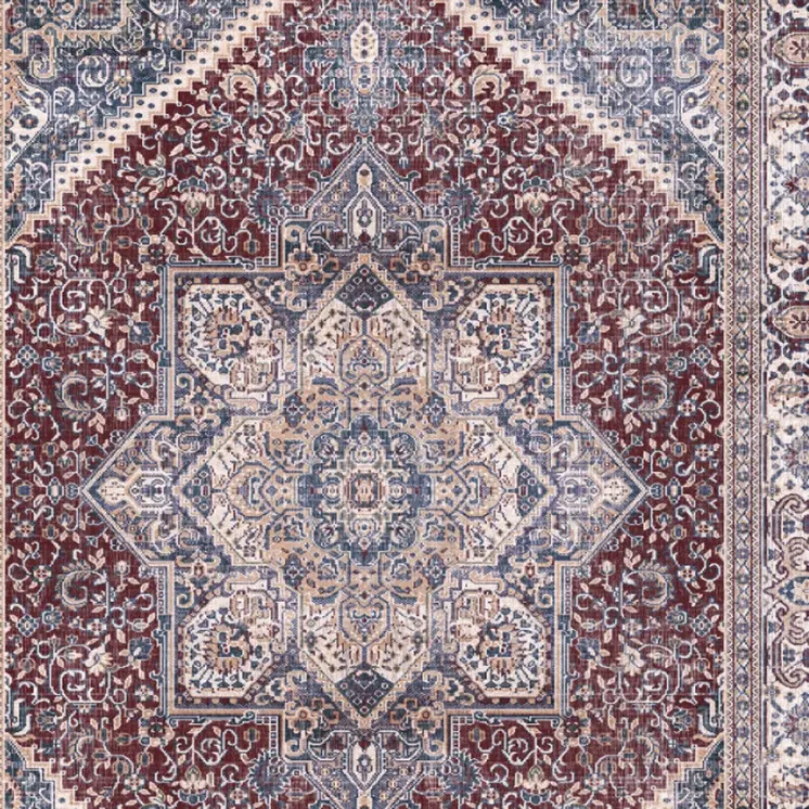 8' Blue and Red Floral Medallion Distressed Non Skid Runner Rug