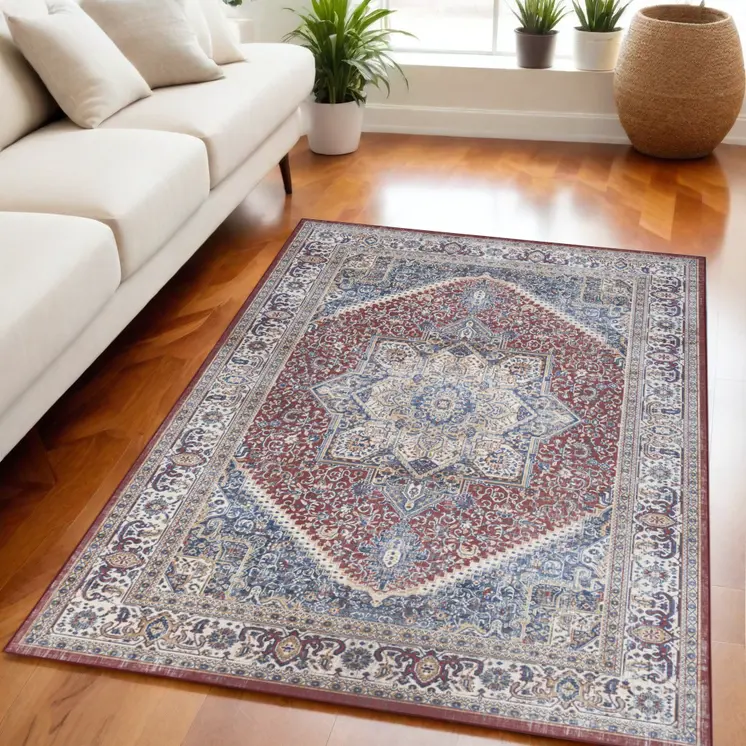 5' X 7' Blue and Red Floral Medallion Distressed Non Skid Area Rug