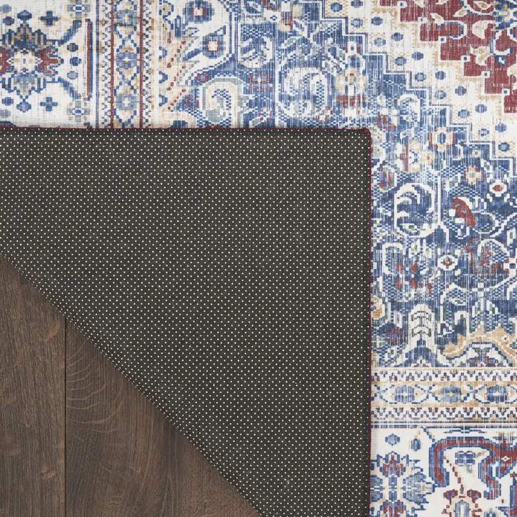 5' X 7' Blue and Red Floral Medallion Distressed Non Skid Area Rug