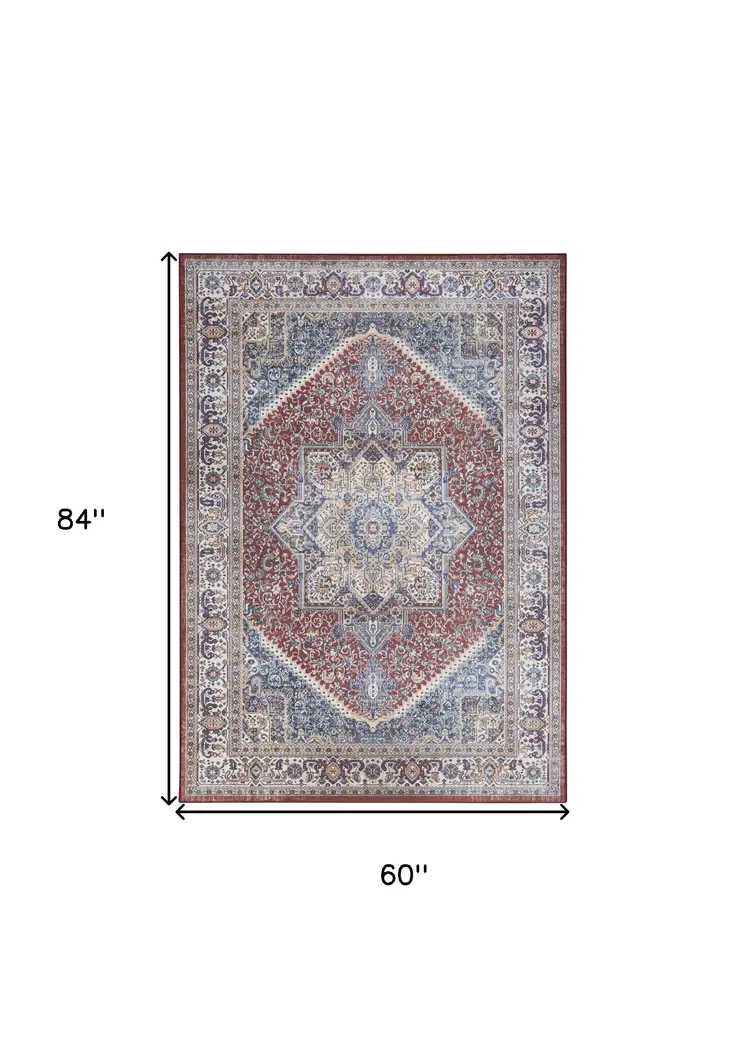 5' X 7' Blue and Red Floral Medallion Distressed Non Skid Area Rug