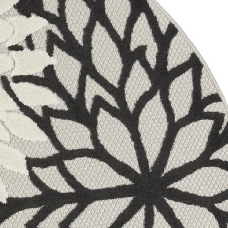 4' Black And White Round Floral Indoor Outdoor Area Rug