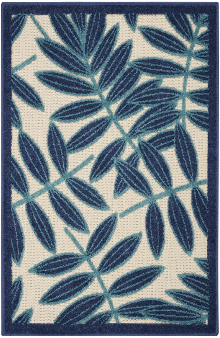 3' X 4' Navy Blue And Ivory Botanical Leaves Indoor Outdoor Area Rug