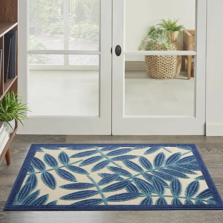 3' X 4' Navy Blue And Ivory Botanical Leaves Indoor Outdoor Area Rug
