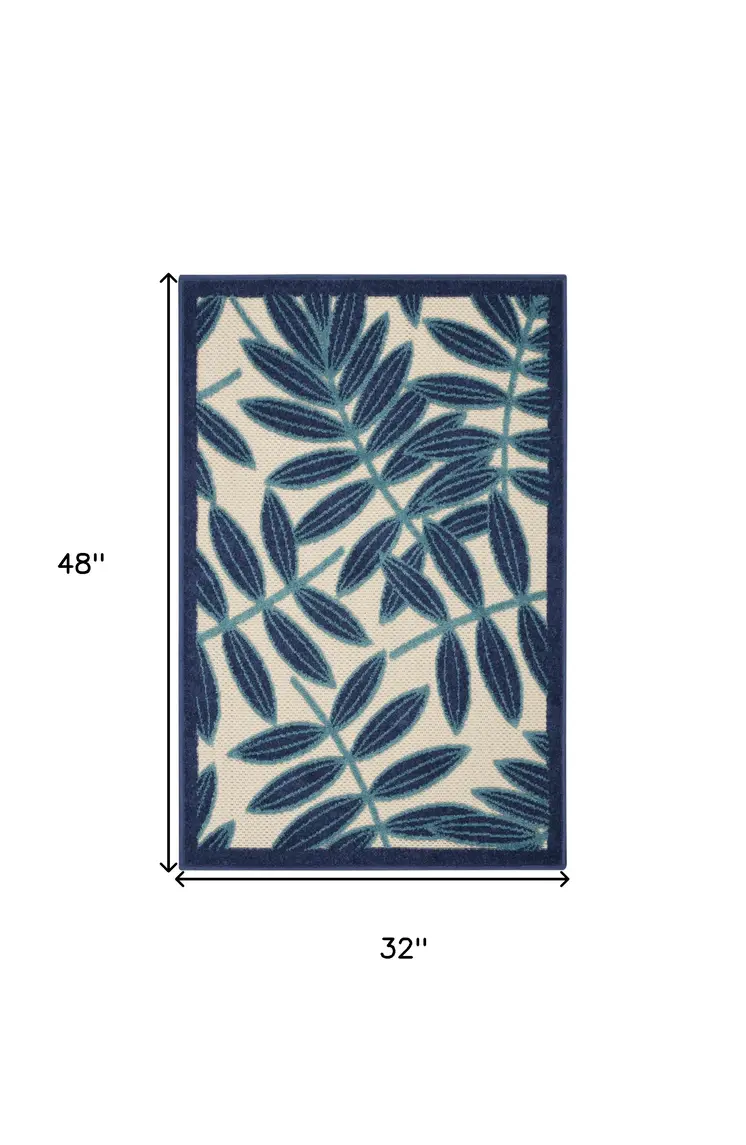 3' X 4' Navy Blue And Ivory Botanical Leaves Indoor Outdoor Area Rug
