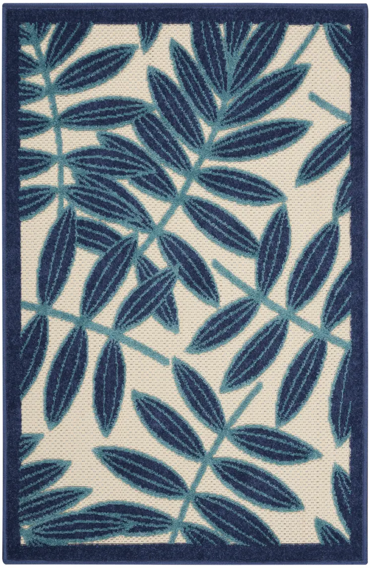 3' X 4' Navy Blue And Ivory Botanical Leaves Indoor Outdoor Area Rug